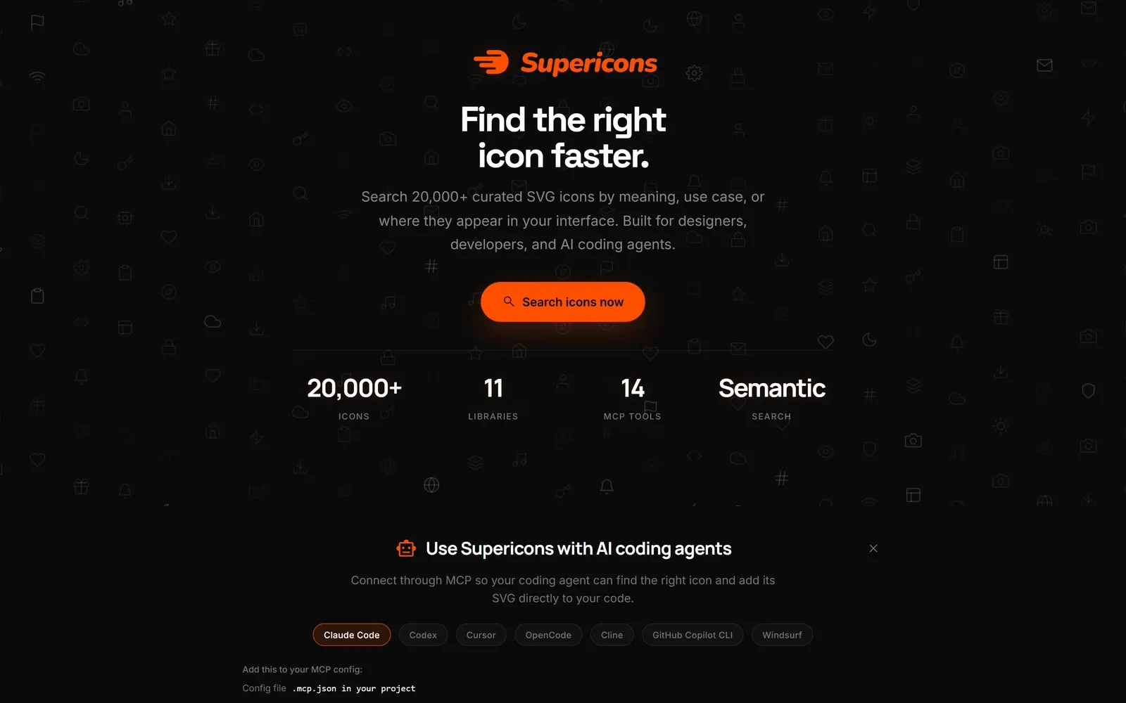 The Supericons home page: find the right icon faster, with a search button and set-up steps for AI coding agents.