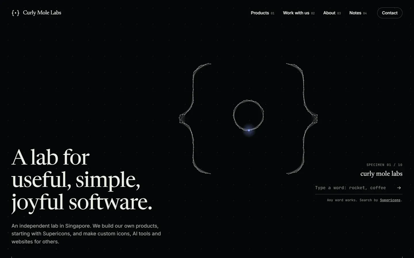 The new site: the headline “A lab for useful, simple, joyful software.” beside a constellation of points drawing the Curly Mole Labs mark.