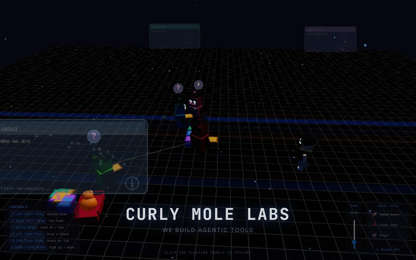 The first Curly Mole Labs site: blocky characters stacking coloured blocks on a glowing grid, with camera controls and floating panels.